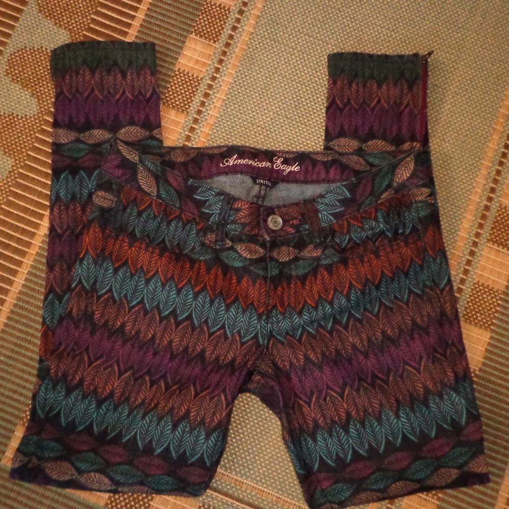 American Eagle Outfitters Stretch Jeggings 4 Leaf/Feather Multicolored Zip Leg - Picture 14 of 16